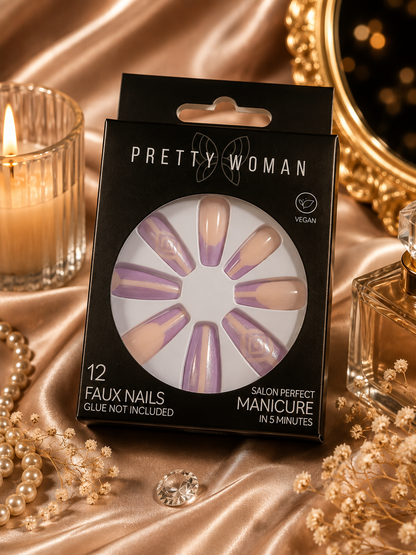 Pretty Woman 12 Faux Nails – Nude & Lavender Design – Vegan