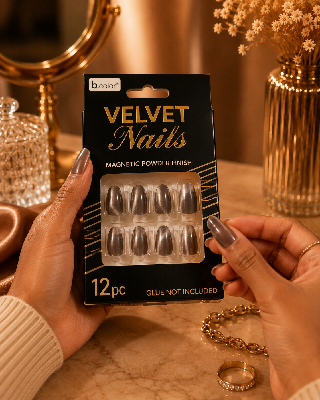 b.color Velvet Nails Magnetic Powder Finish Press-On Nails 12 Pc