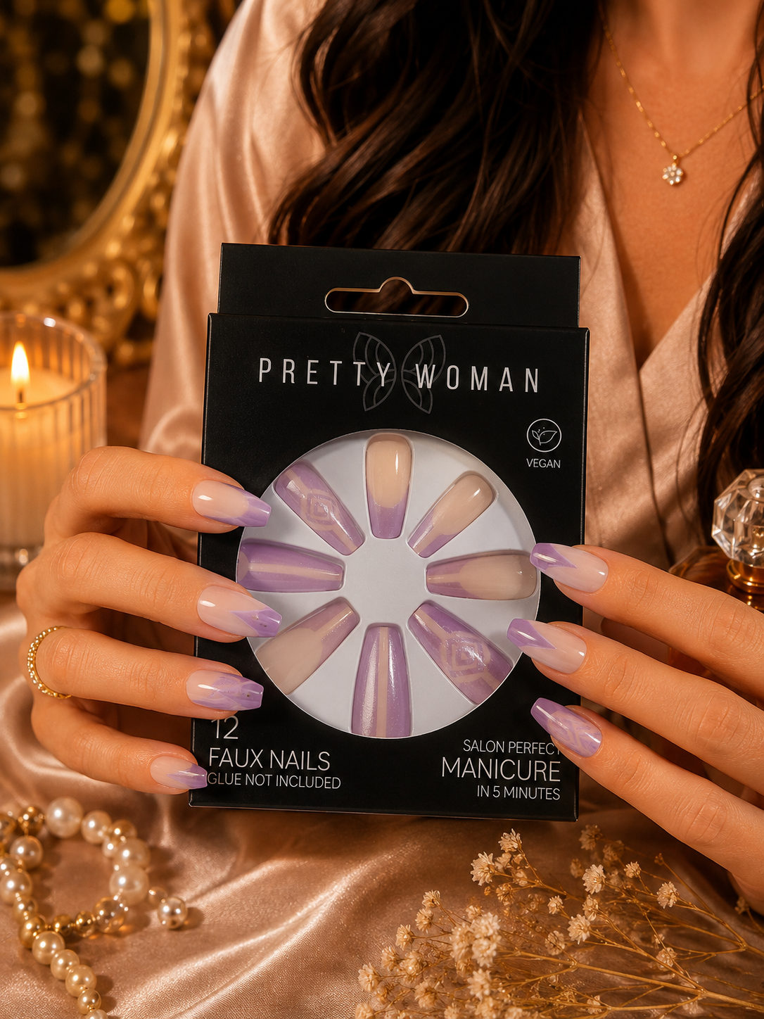 Pretty Woman 12 Faux Nails – Nude & Lavender Design – Vegan