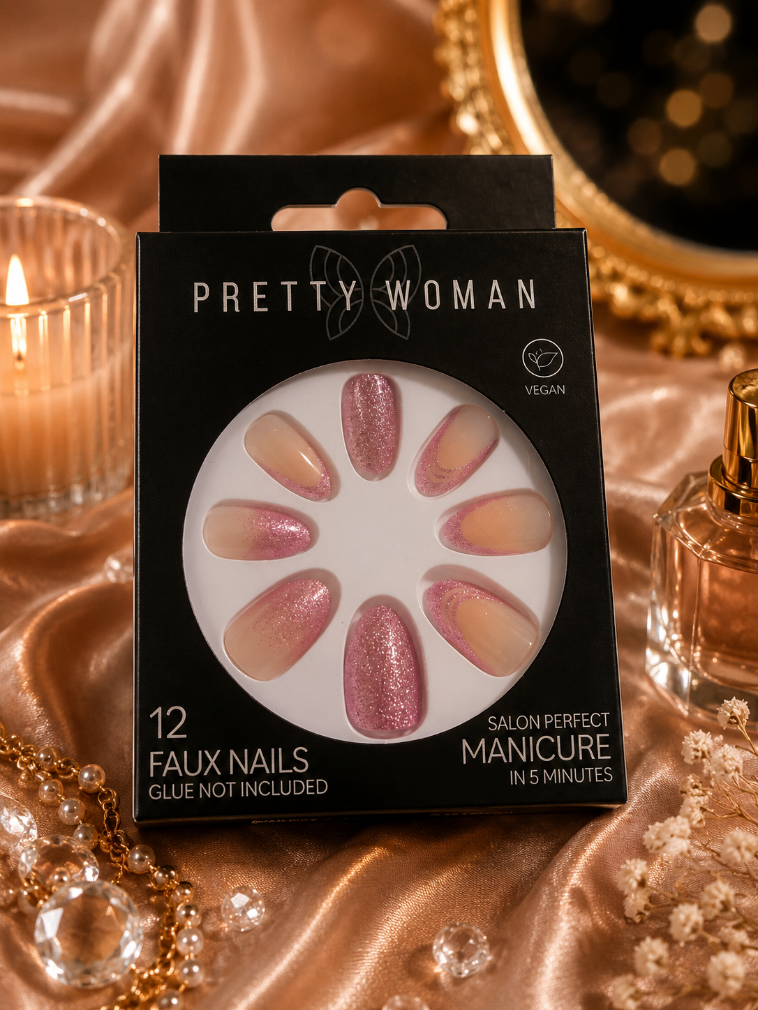 Pretty Woman 12 Faux Nails – Pink Glitter Salon Perfect Manicure