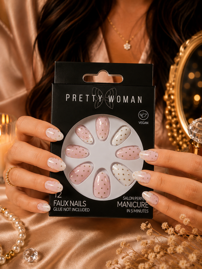 Pretty Woman 12 Faux Nails – Pink & White Gold Star Design – Vegan Press-On Manicure