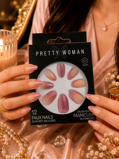 Pretty Woman 12 Faux Nails – Pink Glitter Salon Perfect Manicure