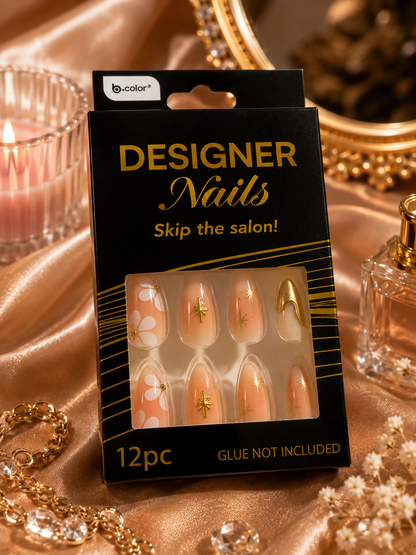b.color Designer Nails – Nude Floral & Gold Press-On Nails – 12 Pc