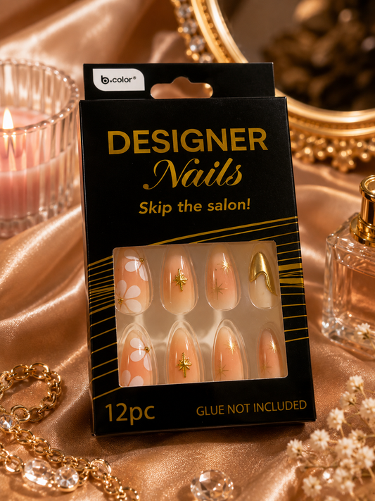 b.color Designer Nails – Nude Floral & Gold Press-On Nails – 12 Pc