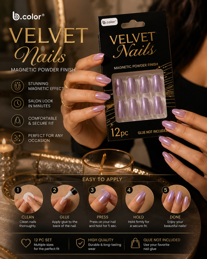 b.color Velvet Nails Purple Magnetic Powder Finish 12 Pc Press-On Nails