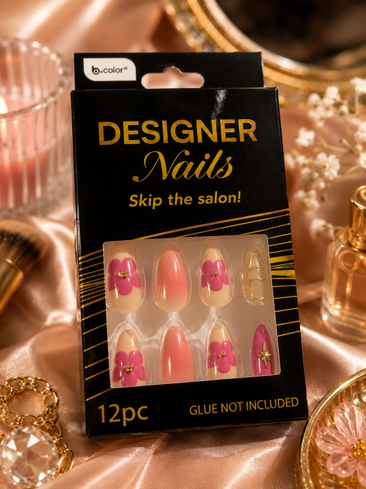b.color Designer Nails Pink Floral & Gold Press-On Nails – 12 Pc