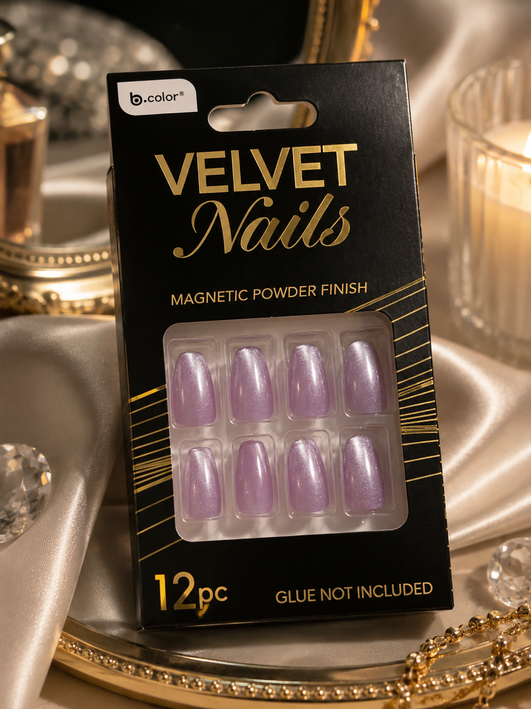 b.color Velvet Nails Purple Magnetic Powder Finish 12 Pc Press-On Nails