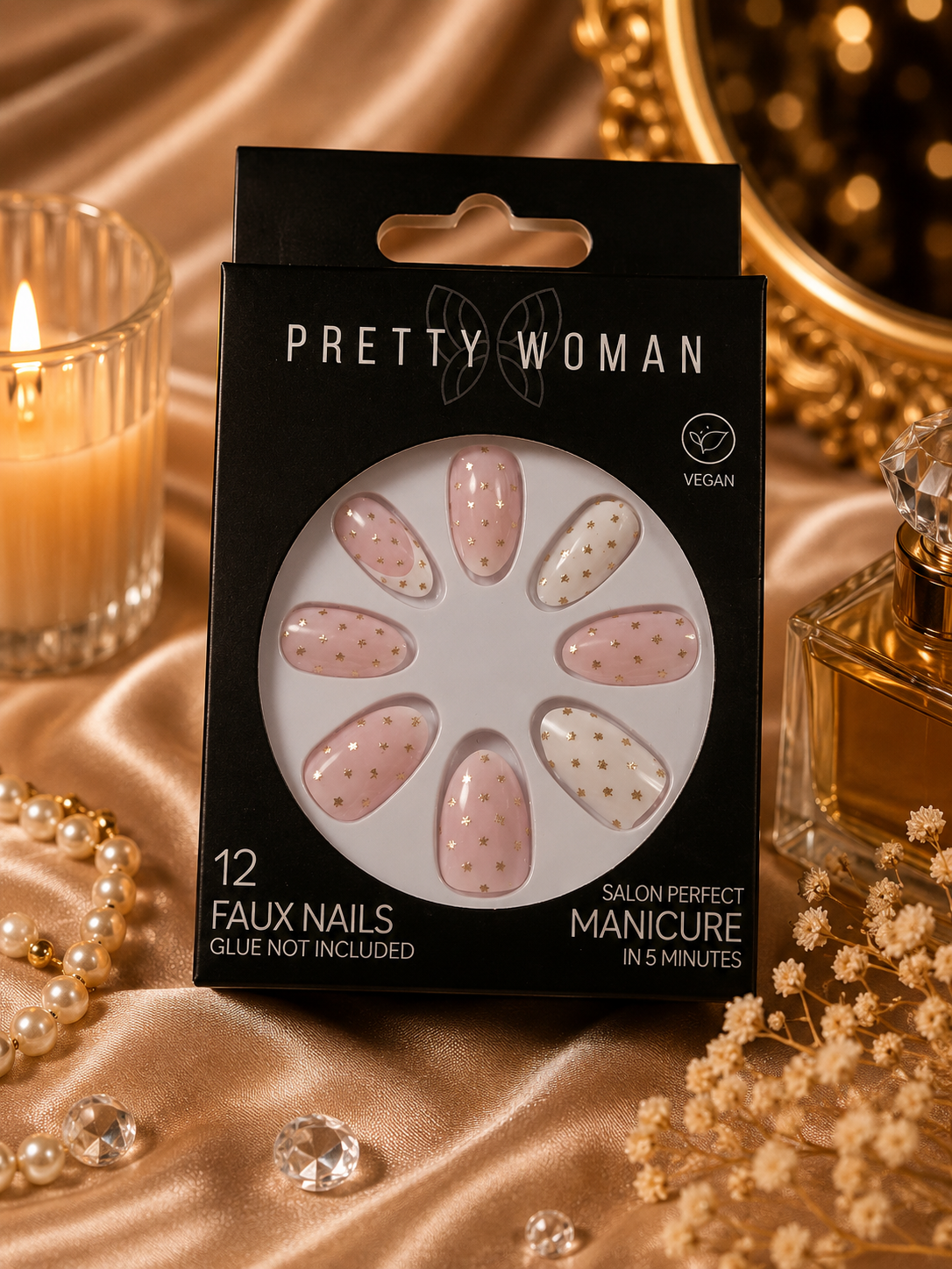 Pretty Woman 12 Faux Nails – Pink & White Gold Star Design – Vegan Press-On Manicure