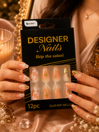 b.color Designer Nails – Nude Floral & Gold Press-On Nails – 12 Pc